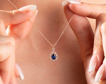 Vintage Style Sapphire Necklace, Blue Sapphire Silver Necklace, Teardrop Gold Necklace, Pear Cut Minimalist Necklace, Rose Gold Necklace