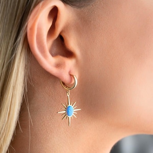 North Star Blue Opal Earrings, Opal Starburst Huggie Hoop Earrings in Sterling Silver, Blue Opal Star Drop Earrings, Celestial Earrings