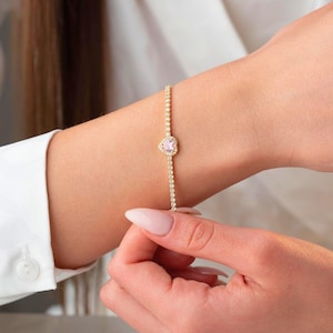 Sterling Silver Tennis Heart Bracelet, Pink Topaz Bracelet, 925K CZ Bracelet, Bracelet for Women, Bridal Gifts, Solid Gold Chain Bracelet