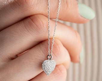 Collar de corazón de plata esterlina con circonitas cúbicas, collar de boda con diamantes, colgante de corazón, regalo de promesa para ella, collar de oro para novia.