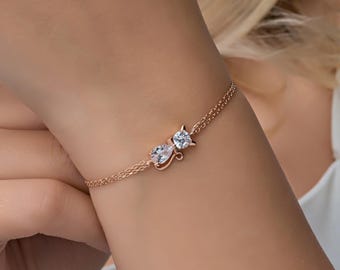 Dainty Cute Kitty Bracelet, Kitten Bracelet,Lover Girls, Lovely Pretty Jewelry, Pet Memorial Gift, White Gold Cat Lovers Chain Cuff Bracelet
