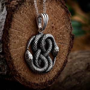 Może przedstawiać: Srebrny naszyjnik z wisiorkiem z szczegółowym wzorem dwóch splecionych węży. Węże są zwinięte w okrągły wzór, z teksturowanymi łuskami i widocznymi głowami. Wisiorek wisi na delikatnym srebrnym łańcuszku.