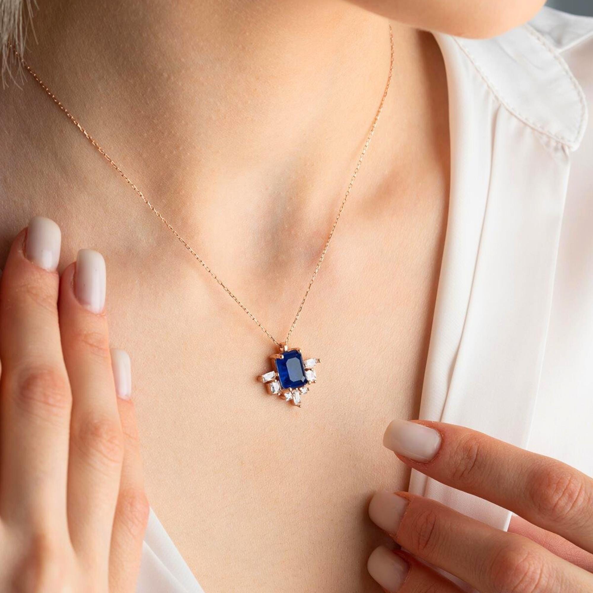 Emerald Cut Sapphire Necklace, Sterling Silver Blue Sapphire Jewelry, Baguette Wedding Choker Necklace, Solitaire Gold Necklaces for Women