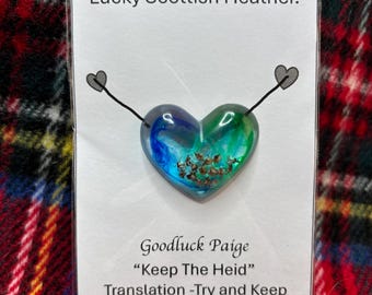 Personalised Scottish hug. Lucky Heather Heart: Good Luck Charm Keepsake