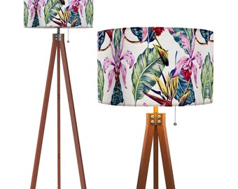 Flower and Tropical Leaf Iris Theme Linen Drum Tall Remote Control Tripod Floor Lamp (Made in USA) Multi Color