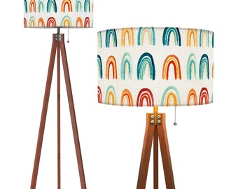 Rainbow Drum Light Linen Tripod Floor Lamp (Made in USA) Nursery Kids Room Colorful Decor Remote Control Light