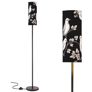 May include: A black floor lamp with a cylindrical lampshade featuring a white bird and floral pattern. The lamp has a dark metal pole and a round base. The lampshade is approximately 12 inches in diameter and 60 inches tall.