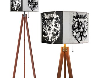 Neutral Cat Theme Graffiti Inspired Urban Art Tripod Floor Lamp (Made in USA) Linen Drum Lamp Remote Control Living Room Light