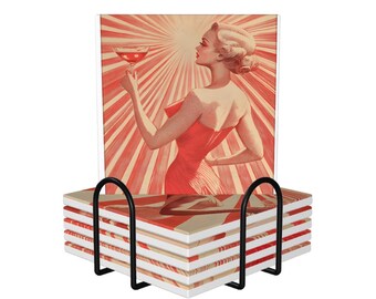 Red Old Hollywood Original Art Liquor Cocktail Theme Hostess Bar Gift Holiday Present Square Ceramic Coasters Vintage Russian Propaganda Art