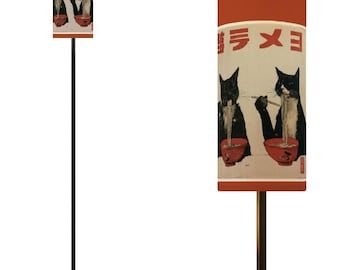 Cat Ramen Asian Restaurant Inspired Vintage Style Art Floor Lamp Modern Standing Lamp (Made in USA) Korean Kitty Art Remote Control Light
