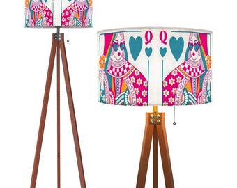 Whimsy Queen of Hearts Card Linen Drum Remote Control Tripod Floor Lamp (Made in USA) Home Accent Tall Corner Light Girls Room Decor