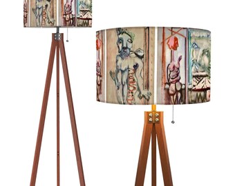 Abstract Art Roth Grafitti Inspired Linen Drum Tripod Floor Lamp (Made in USA) Remote Controlled Tall Light