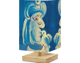 Blue Square Table Lamp Abstract Art Remote Control Desk Light Linen Bedroom Accent Light