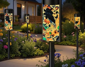 Asian Garden Swan Floral Cordless Outdoor Solar Light Set Balcony Porch Yard Decor Lamps
