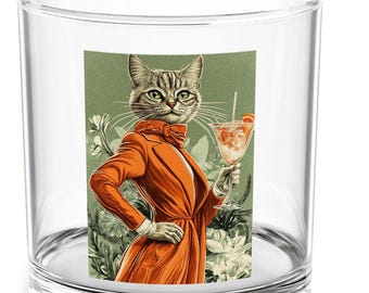 Vaso Rocks de Gato con Traje: Artículos de Bar para Cócteles con Arte Vintage