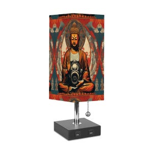 Buddha Table Lamp with USB Ports: Linen Shade Desk Light