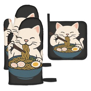 May include: A set of black oven mitts and a pot holder featuring a white cat enjoying ramen. The cat is depicted with chopsticks, eating noodles from a blue bowl. The design includes ramen ingredients like eggs and fish cakes.