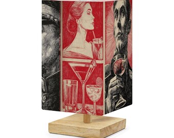 Russian Style Cocktail Bar Liquor Theme Remote Control Small Square Table Lamp Original Art Old Soviet Wartime Themed Art Print Linen Light