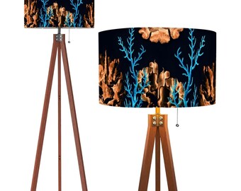 Noir Coastal Coral Dark Theme Linen Remote Control Ocean Nautical Ocean Tripod Floor Lamp (Made in USA)