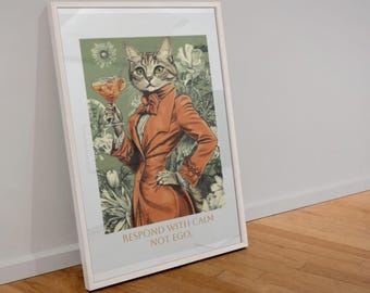 Vintage Cat with Cocktail Buddhist Wisdom Poster Print Wall Art Home Bar Collection for Wall Covering Home Accent Art