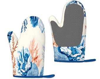 Coral Nautical Ocean Theme Silicone Oven Mitts Heat Resistant Set Beach House Decor Kitchen Accessory Pot Holders
