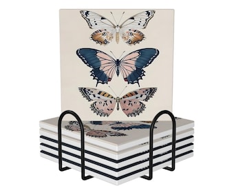 Contrasting Ivory and Black Noir Butterfly Kitchen Bar Accessory Square Ceramic Coaster Set Colorful Butterfly Moth Original Art Gift Set