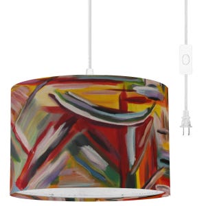 May include: A cylindrical pendant lamp shade featuring a vibrant abstract pattern with bold brushstrokes in red, yellow, blue, and green. The lamp includes a white power cord with an integrated inline switch and a standard two-prong electrical plug.