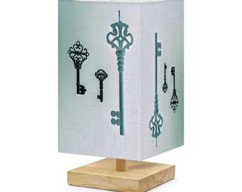 Vintage Art Skeleton Key Linen Remote Control Desk Light Home Accent Square Table Lamp LED Bulb