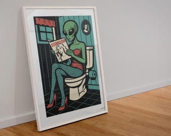 Humorous Alien on Toilet Poster: Funny Bathroom Wall Art