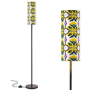 Yellow and Purple Colorful Linen Column Floor Lamp Modern Standing Tall Living Room Home Decor Remote Control LED Smart Light