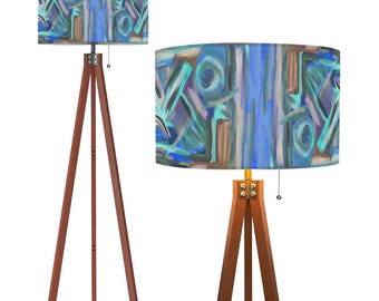 Original Art Linen Drum Remote Controlled Tripod Floor Lamp (Made in USA) Blue and Purple Home Decor