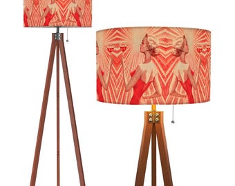 Red Linen Drum Lamp Russian Inspired Propaganda Original Art Tall Remote Control Tripod Floor Lamp (Made in USA)