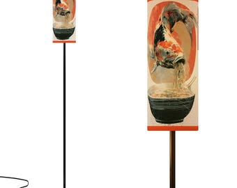 Koi Fish Eating Ramen Vintage Inspired Asian Retro Style Art Remote Control Tall Floor Lamp Modern Standing Lamp (Made in USA) Linen Light