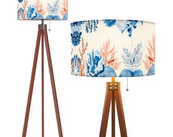 Coastal Coral Tall Remote Control Tripod Floor Lamp (Made in USA) Nautical Ocean Beach Theme Vacation Home Linen Drum Tall Lamp Nautical