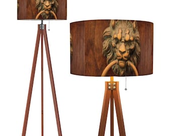 Italian Lion Doorknocker Sicilian Art Linen Drum Remote Control LED Tripod Floor Lamp (Made in USA)