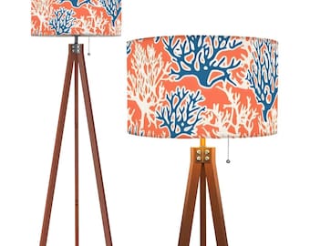 Blue and Orange Coral Sea Nautical Ocean Theme Remote Control Tall Tripod Floor Lamp (Made in USA) Beach Home Decor Vacation Linen Light