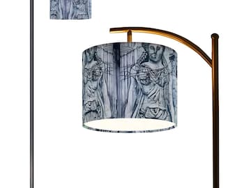 Roman Goddess Drum Arc Floor Lamp (Made in USA) Linen Lampshade Ancient Statue Roman Column Original Art Floorlamp