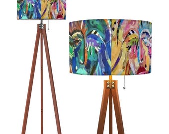 Abstract Painting Dual Side Linen Drum Tall Remote Control Tripod Floor Lamp (Made in USA) Blue and Pink Art