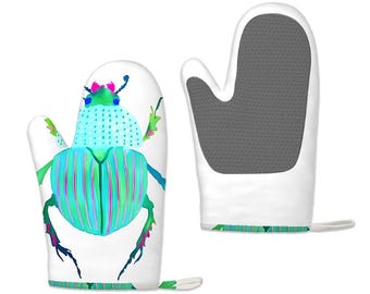 Green Beetle Kitchen Gloves Potholders Silicone Oven Mitts Heat Resistant Set Foodie Gift Housewarming