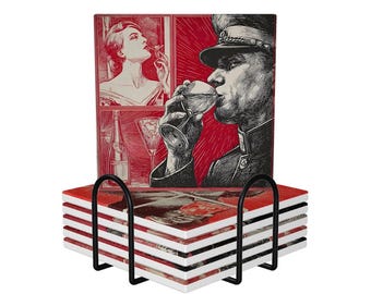 Vintage Style Russian Propaganda Inspired Cocktail Theme Square Ceramic Coaster Gift Set Red and Black Bar Decor Liquor Theme Hostess Gift