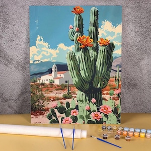 Malen nach Zahlen, Blumen grüner Kaktus Acrylmalerei, Boho Wohndekor, DIY Paint KIT, Farbe nach Zahlen, Pflanzenwandkunst, personalisiertes Geschenk