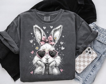 Comfort Colors® Easter Bunny Tee, Retro Easter, Coquette Bow Bunny, Easter Bunny Shirt, Cute Bunny Easter Day Gift,Bunny Sweatshirther