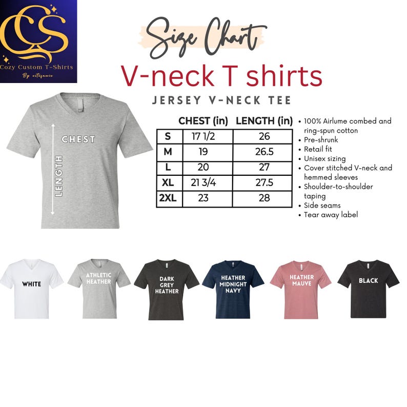 Puede incluir: Tabla de tallas para camisetas de cuello en V. La tabla muestra las medidas de pecho y longitud en pulgadas para las tallas S, M, L, XL y 2XL. Las camisetas est&aacute;n hechas de 100% algod&oacute;n peinado y hilado en anillo Airlume. Las camisetas est&aacute;n preencogidas, de ajuste al cuerpo y tienen un cuello en V cosido y mangas dobladas. Las camisetas tambi&eacute;n tienen cinta de hombro a hombro, costuras laterales y una etiqueta que se desprende.