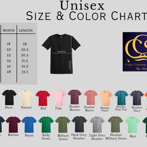 Puede incluir: Tabla de tallas y colores de camiseta unisex con medidas en pulgadas. La tabla muestra 10 colores diferentes, incluyendo blanco, negro, natural, rojo, rosa, marr&oacute;n jaspeado, malva jaspeado, melocot&oacute;n jaspeado, azul oscuro jaspeado, azul marino jaspeado, naranja, azul marino, marr&oacute;n, azul real, verde kelly, verde militar, gris oscuro jaspeado, gris claro jaspeado, verde militar jaspeado, menta y bosque.