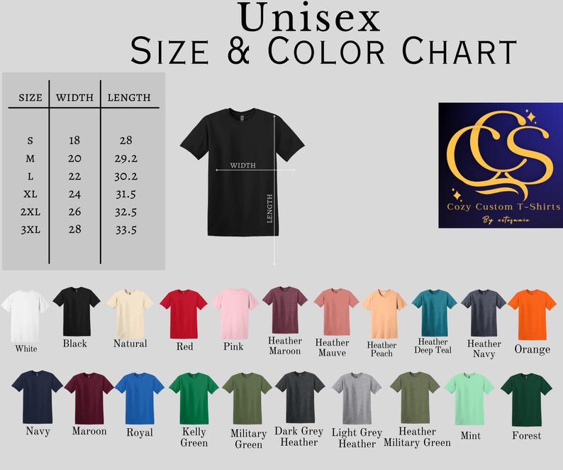 Puede incluir: Tabla de tallas y colores de camiseta unisex con medidas en pulgadas. La tabla muestra 10 colores diferentes, incluyendo blanco, negro, natural, rojo, rosa, marr&oacute;n jaspeado, malva jaspeado, melocot&oacute;n jaspeado, azul oscuro jaspeado, azul marino jaspeado, naranja, azul marino, marr&oacute;n, azul real, verde kelly, verde militar, gris oscuro jaspeado, gris claro jaspeado, verde militar jaspeado, menta y bosque.