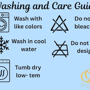 May include: Washing and care guide for a garment. Instructions include washing with like colors, washing in cool water, tumble drying on low heat, and not bleaching or ironing the design.