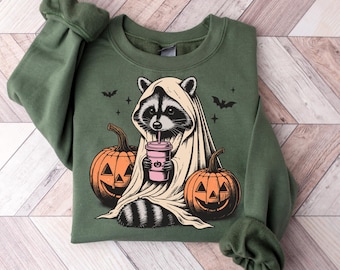 Sudadera divertida de mapache para Halloween, suéter bonito para Halloween, sudadera de Halloween, sudadera con capucha de temporada espeluznante, sudadera de fantasma, amante de los mapaches