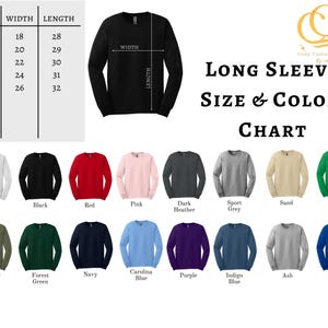 K&ouml;nnte beinhalten: Gr&ouml;&szlig;en- und Farbtabelle f&uuml;r Langarmshirts. Die Ma&szlig;e sind in cm angegeben, von Gr&ouml;&szlig;e S bis 2XL. Die Tabelle zeigt Farben wie Wei&szlig;, Schwarz, Rot, Pink, Dunkelgrau, Sportgrau, Sand und verschiedene Gr&uuml;n-, Blau- und Violettt&ouml;ne.