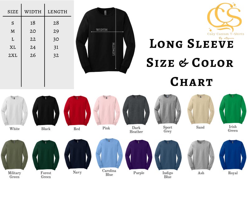 K&ouml;nnte beinhalten: Gr&ouml;&szlig;en- und Farbtabelle f&uuml;r Langarmshirts. Die Ma&szlig;e sind in cm angegeben, von Gr&ouml;&szlig;e S bis 2XL. Die Tabelle zeigt Farben wie Wei&szlig;, Schwarz, Rot, Pink, Dunkelgrau, Sportgrau, Sand und verschiedene Gr&uuml;n-, Blau- und Violettt&ouml;ne.