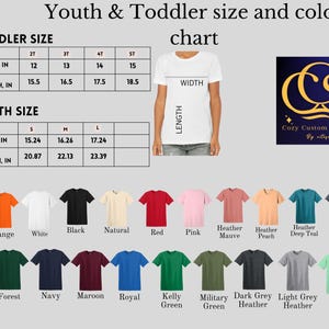 Puede incluir: Tabla de tallas para camisetas de ni&ntilde;os y beb&eacute;s. La tabla muestra las medidas de ancho y largo en pulgadas para diferentes tallas. La tabla tambi&eacute;n incluye una muestra de color de 20 colores de camisetas diferentes.